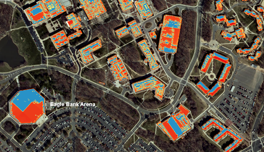 south-facing roofs have greater solar potential in the Northern Hemisphere, as shown by the Eagle Bank Arena at George Mason University's Fairfax campus