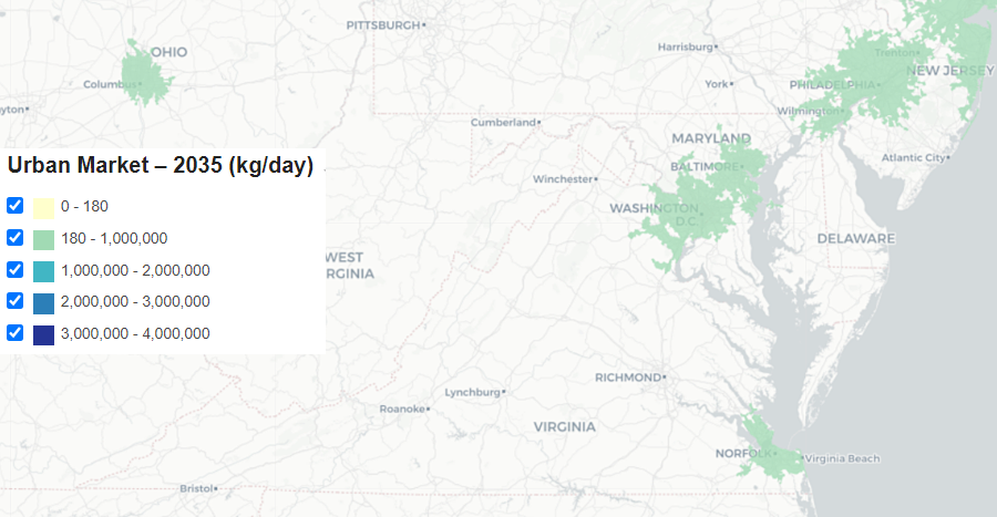 demand for hydrogen in 2035 was predicted to be concentrated in Northern Virginia and Hampton Roads