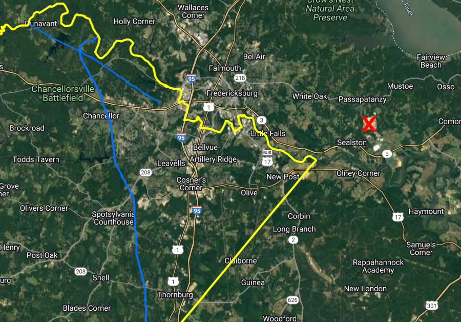 the nearest source of natural gas for a potential blue hydrogen production plant in King George County (red X) were pipelines (blue lines) in Spotsylvania County