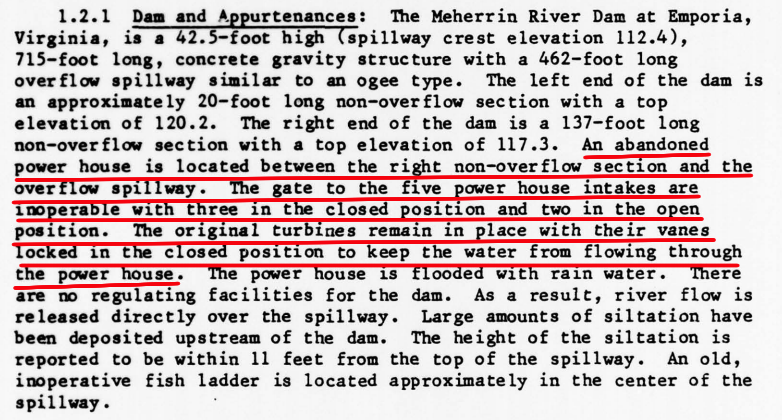 the hydropower facilities at Emporia Dam powerhouse were not functional in 1978