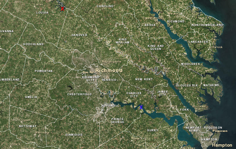 Virginia's four nuclear reactors are located at two sites, in Louisa County (red X) next to Lake Anna and in Surry County (blue X) next to the James River