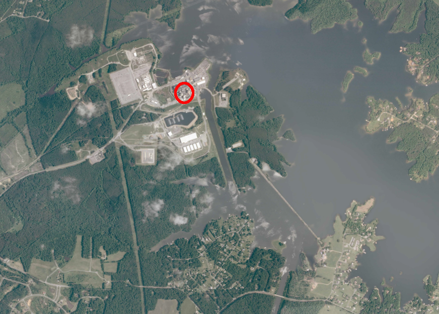 Lake Anna was built in 1971 to provide cooling water for nuclear reactors - note channel next to (circled) reactors
