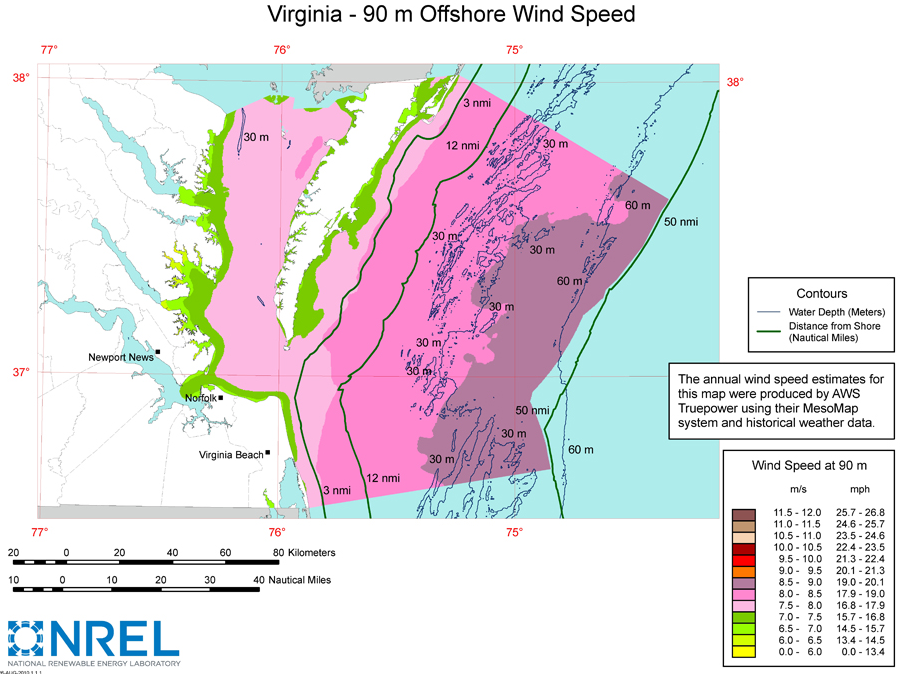 the strongest offshore winds are in Federal waters, not in the state waters (Chesapeake Bay and within three miles of the coastline)