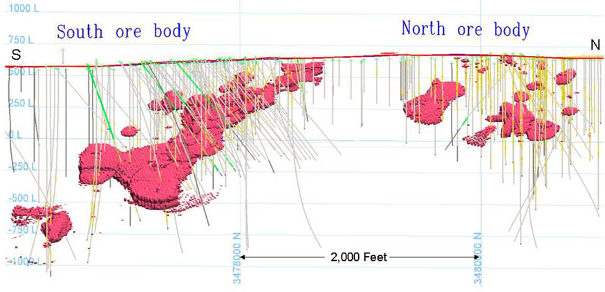 vertical cross-section of Coles Hill deposits, looking west