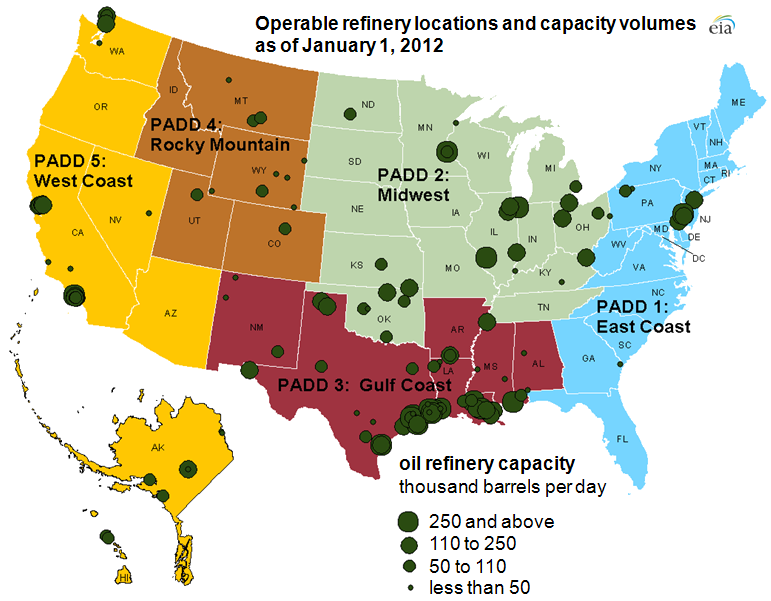 refineries on the East Coast are clustered on Delaware River and northern New Jersey, with no refineries operating now in the Chesapeake Bay watershed