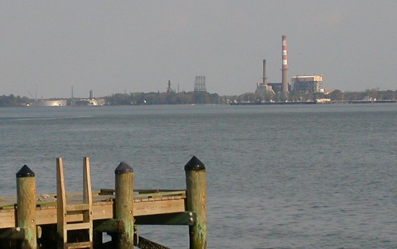 oil refinery and power plant at Yorktown, viewed from Gloucester across the York River