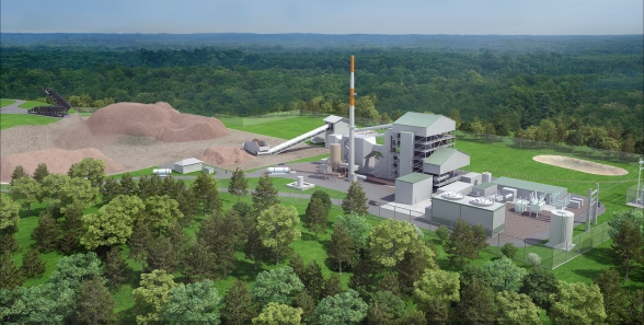 artist's depiction of South Boston Biomass plant, and aerial view after completion