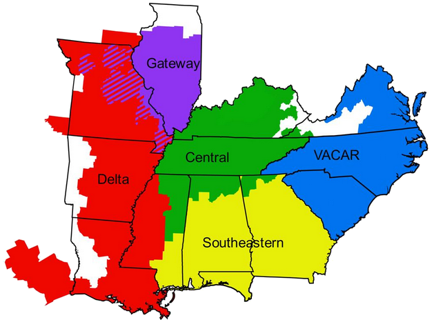 Appalachian Electric Power (AEP) in the ReliabilityFirst district, while the rest of the state is associated with the SERC Reliability Corporation (colored blue)