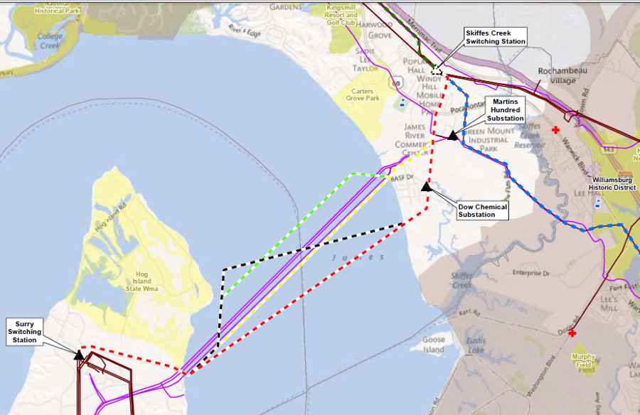 Dominion's proposal to build new power lines from the Surry nuclear plant across the James River triggered opposition due to impacts on the historic river view