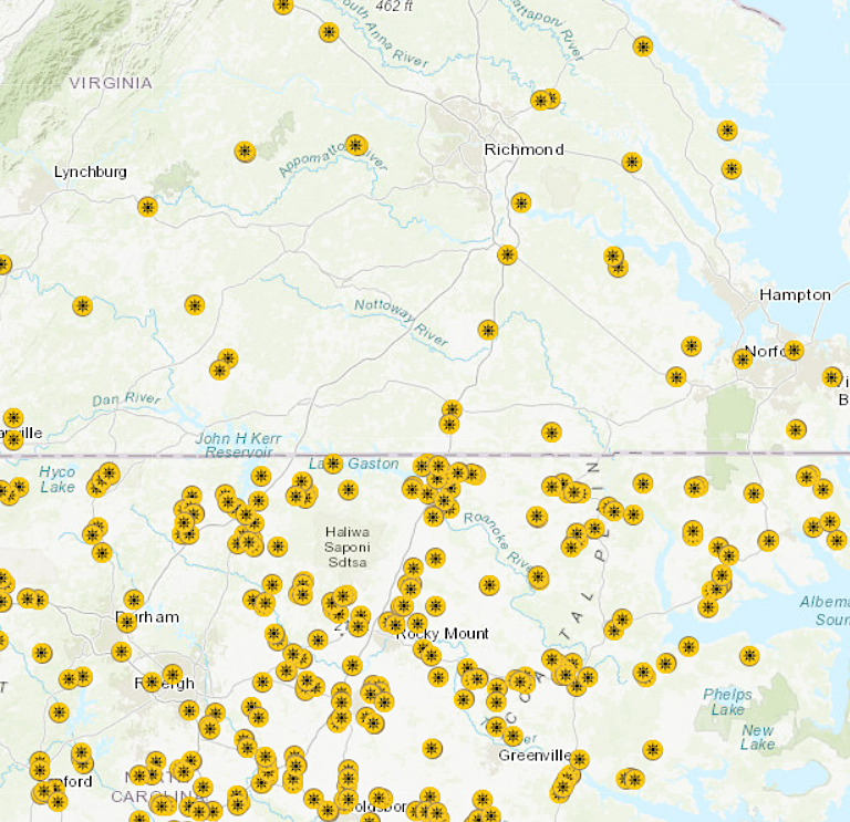 in 2022, there was a clear contrast between the number of solar facilities in North Carolina vs. Virginia