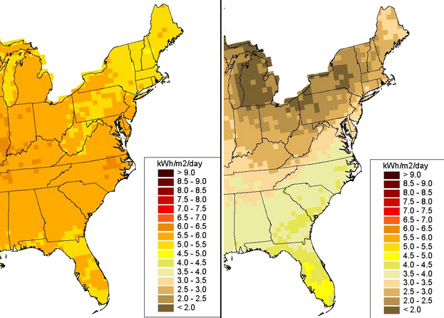 Virginia's solar power potential is seasonal - significantly higher in June (left) vs. December (right)