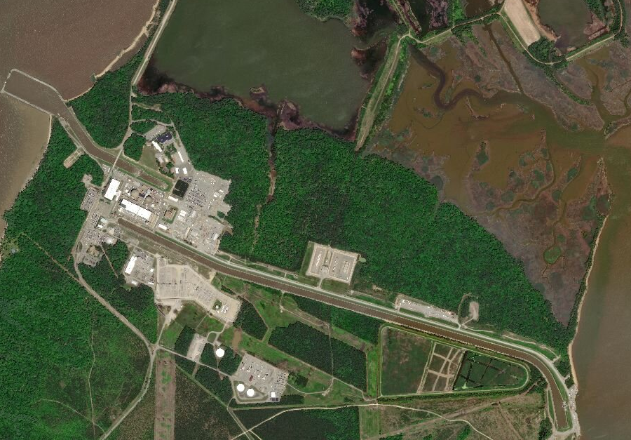 water in the canal on Hog Island moves from the downstream side west to the Surry nuclear power plant, to discharge on the upstream side