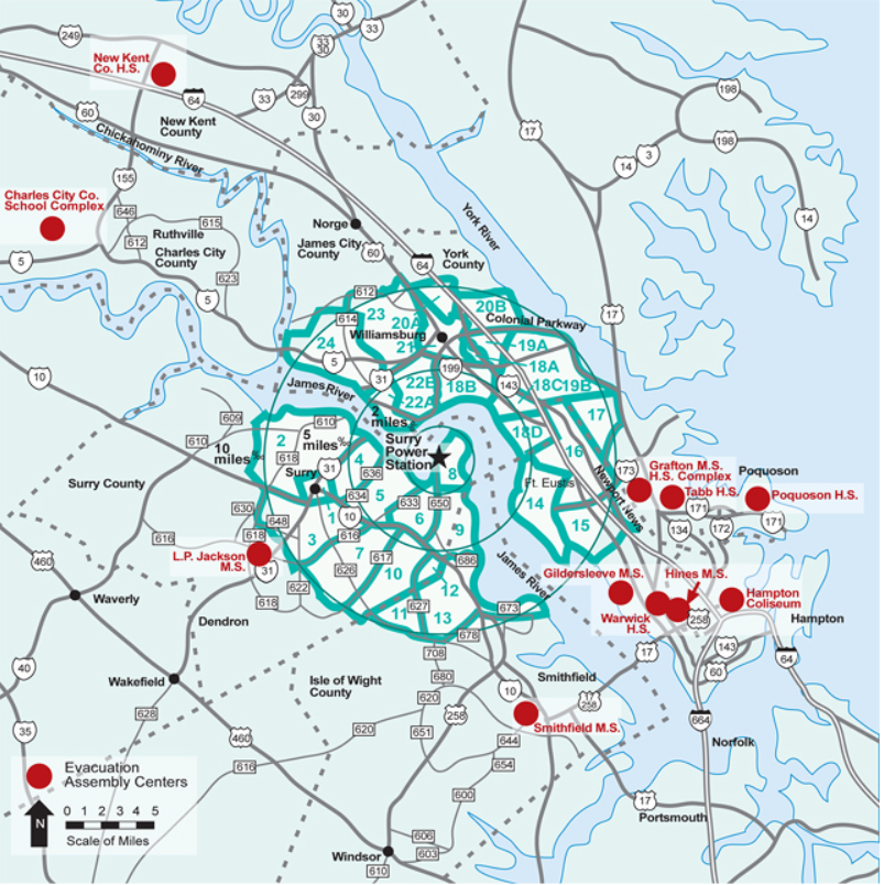 evacuation zones for the Surry nuclear power plant