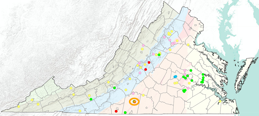 uranium has been identified in shale, metamorphic rocks, and sediments across Virginia, but only the Coles Hill deposit (orange circle) is commercially valuable