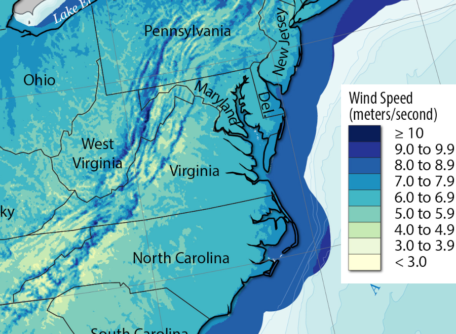for Virginia, offshore wind speeds are significantly higher than onshore wind speeds
