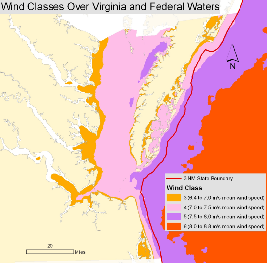 wind classes in Chesapeake Bay/Atlantic Ocean, showing greatest potential in Federal waters more than 3 miles offshore
