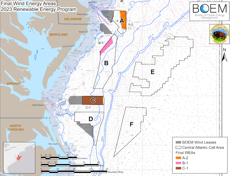 in 2022-2023 the Bureau of Ocean Energy Management determined three Wind Energy Areas (WEAs) that would be offered for lease for offshore wind facilities