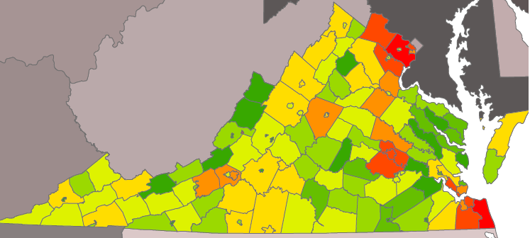 availability of yellow grease from commercial food operations reflects where population is concentrated in Virginia - Northern Virginia, Hampton Roads, and Richmond area