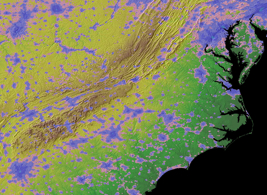 the rural character of the Appalachians is revealed in a satellite image of night lights in urban areas - and where they are absent