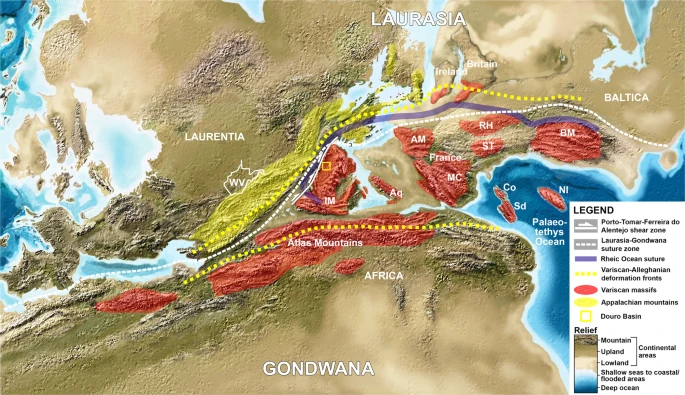 the Appalachian Mountains which were created with Pangea are - geologically - on both sides of the Atlantic Ocean now