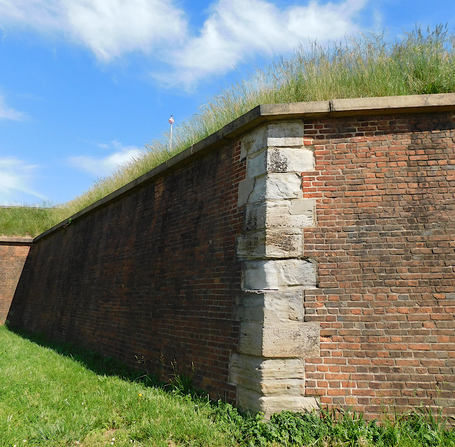 Aquia sandstone forms the white quoins at the corners of Ft. McHenry's brick walls