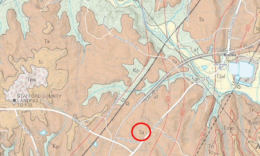 Aquia Formation (Ta) is exposed on the surface around Accokeek Creek (Stafford County)