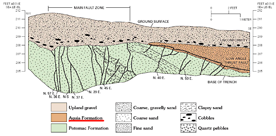 sediments eroding after the breakup of Pangea were deposited on top of crystalline bedrock (Potomac Formation), and then the Aquia Formation was deposited 60-55 million years ago