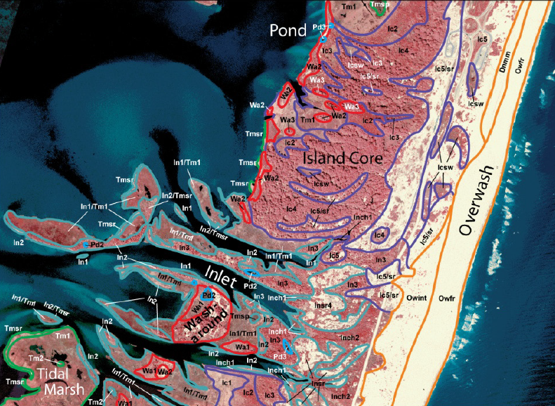 barrier islands have a core, an overwash beach on the high-energy ocean side, wash-arounds where sand accumulates after storms, tidal marshes on the low-energy bay side, and ponds where fresh water is trapped in depressions (plus inlets that open/close due to storms)