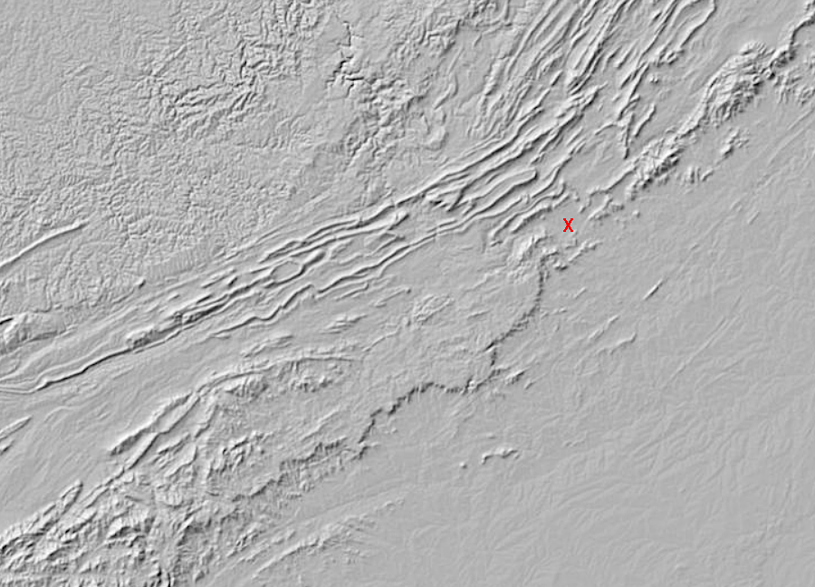 the Blue Ridge is narrow north of Roanoke (red X), but widens out to the south