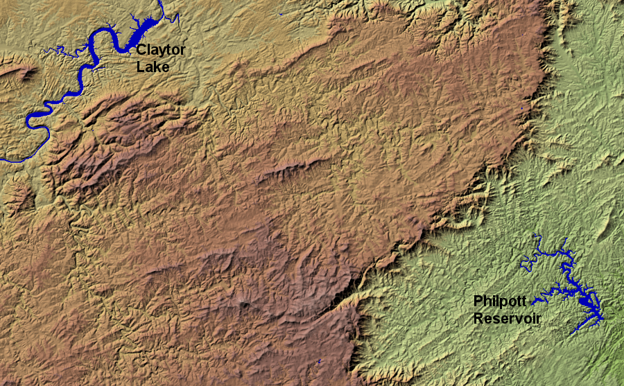 erosion has carved a steeper slope on the eastern edge of the Blue Ridge in southern Virginia