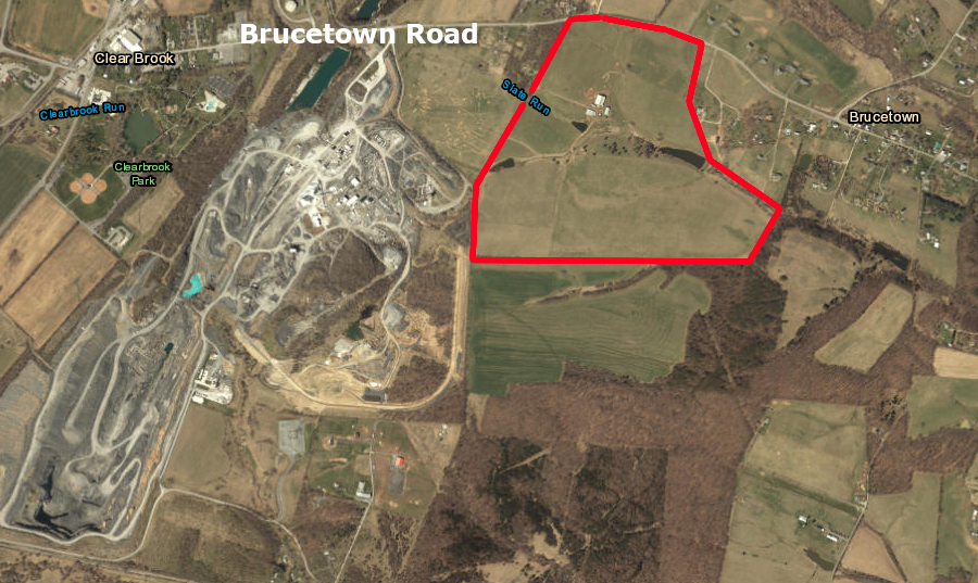 the Clorox cat litter plant would have been located on 146 acres (red polygon) near the Carmeuse quarry in Frederick County