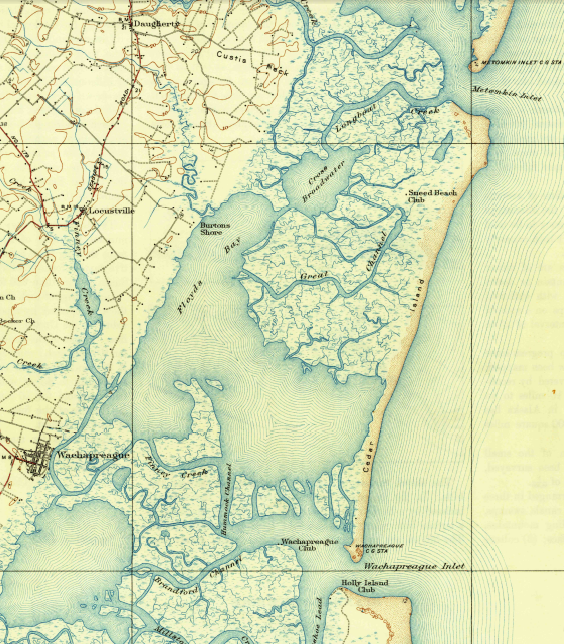at north end of Cedar Island, Metompkin Inlet separates Cedar Island from Metompkin Island; on south end, Wachapreague Inlet separates cedar Island from Parramore Island