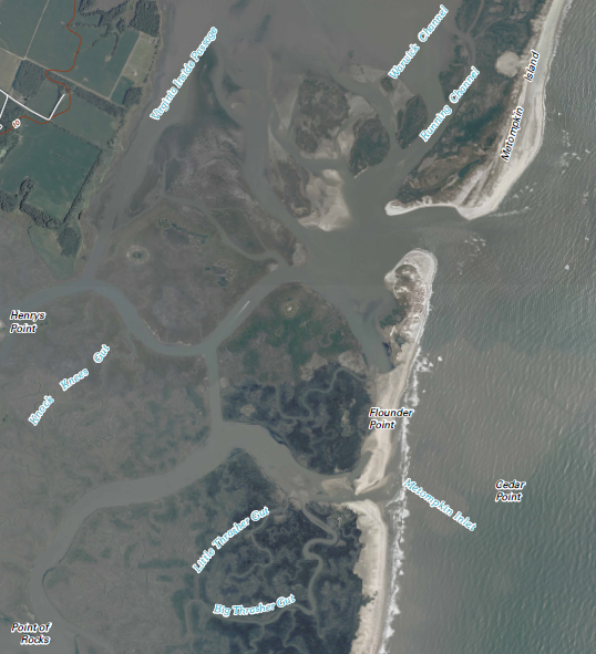 Cedar Island, south of Metompkin Island, is occasionally broken into two parts by an inlet