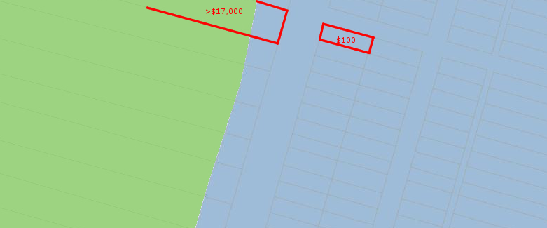 assessed values of submerged lots offshore from Cedar Island are appraised as worth $100 by Accomack County, while lots with actual land could be worth over $17,000