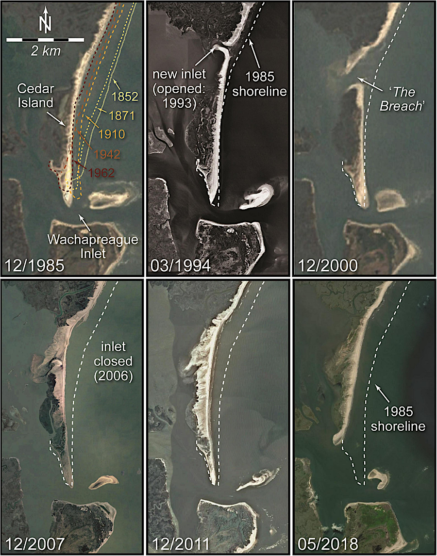 migration and disintegration of Cedar Island, 1985–2018