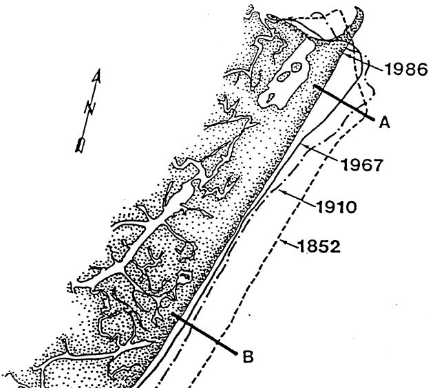 shoreline retreat at Cedar Island, 1852-1986