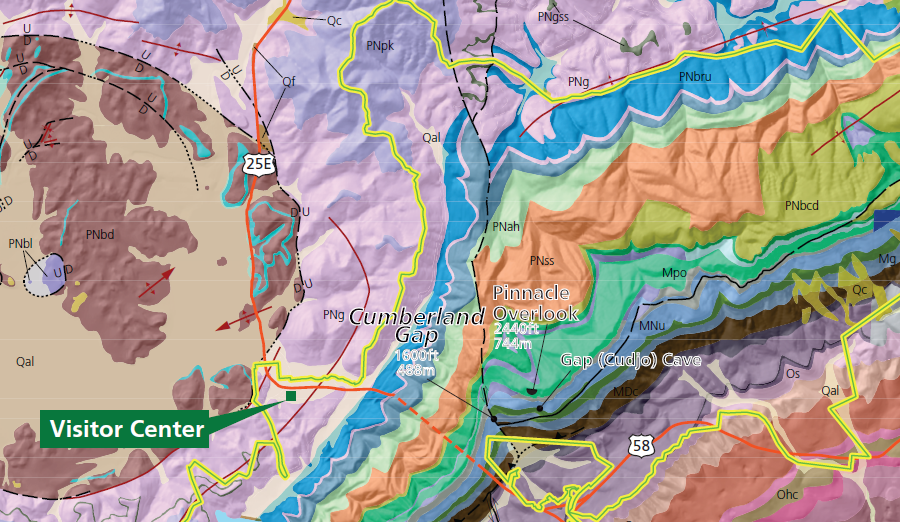 Cumberland Gap is located east of the Middlesboro impact structure and the edge of Pine Mountain Overthrust Fault