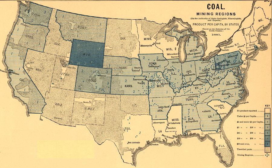 an 1880 map of coal mining regions shows that Appalachian Plateau coal resources were not developed yet
