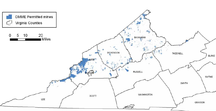 coal mines are concentrated in Buchanan, Dickenson, and Wise counties, but also located on that portion of the Appalachian Plateau that extends into Lee, Russell, and Tazewell counties