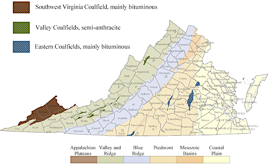 coal was mined in Triassic basins and the Valley and Ridge physiographic province, but Appalachian Plateau mines produced the greatest volume