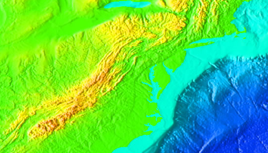 sediments eroding off Virginia's mountains for 300 million years have created a Coastal Plain and Continental Shelf, east of the Piedmont
