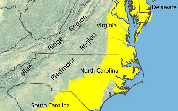 titanium has eroded from the Blue Ridge, including the Tye River region, and accumulated in Coastal Plain sediments (yellow)
