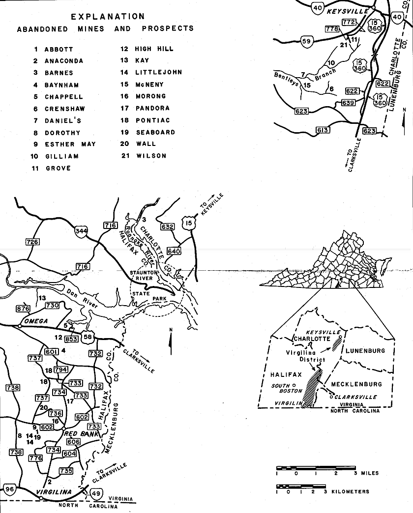 locations of abandoned copper mines and prospects in the Virgilina district
