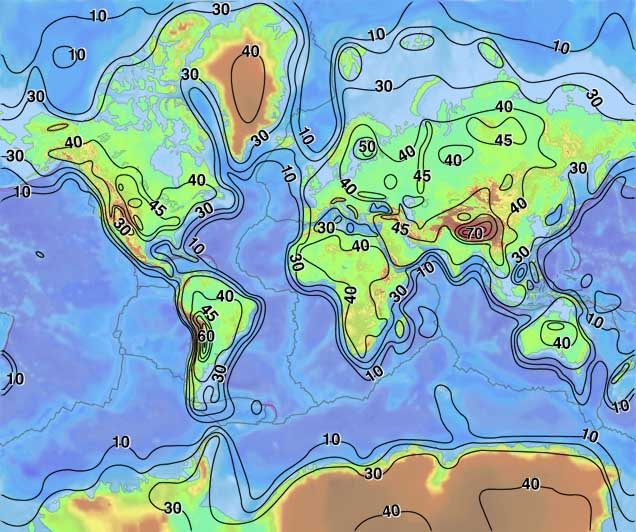 the depth to the Mohorovičić (Moho) discontinuity (in kilometers) is greater at the Blue Ridge than at the Outer Continental Shelf