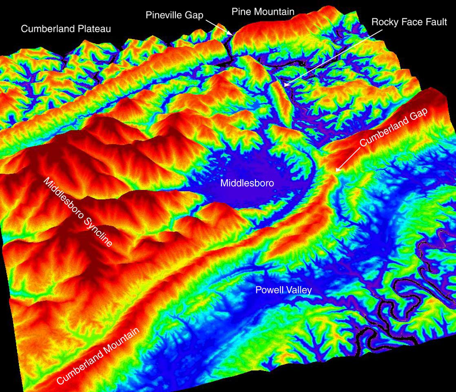 a digital elevation model (DEM) reveals the Middlesboro Bason and shows that Cumberland Gap and Pineville Gap are features of the Rocky Face Fault