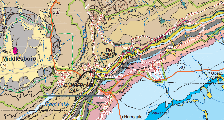 bedrock at Cumberland Gap consists of sedimentary layers, disrupted by thrust faulting and even a meteorite impact