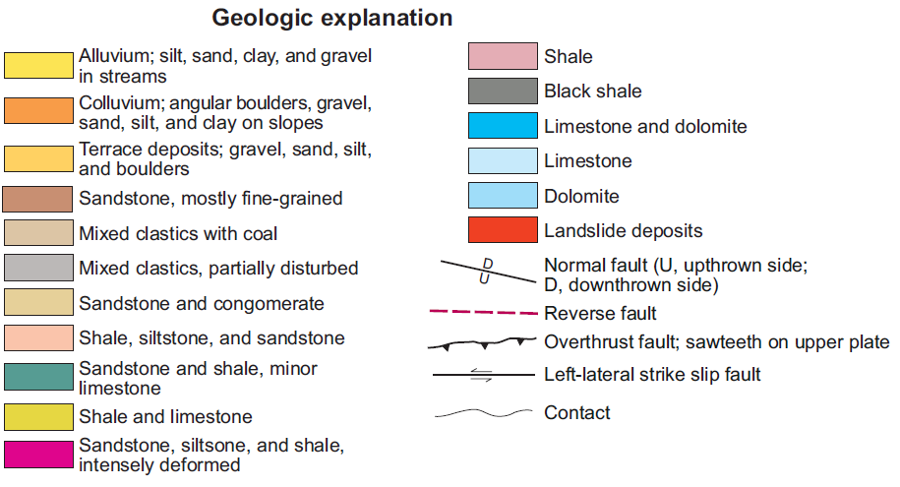 bedrock at Cumberland Gap consists of sedimentary layers, disrupted by thrust faulting and even a meteorite impact