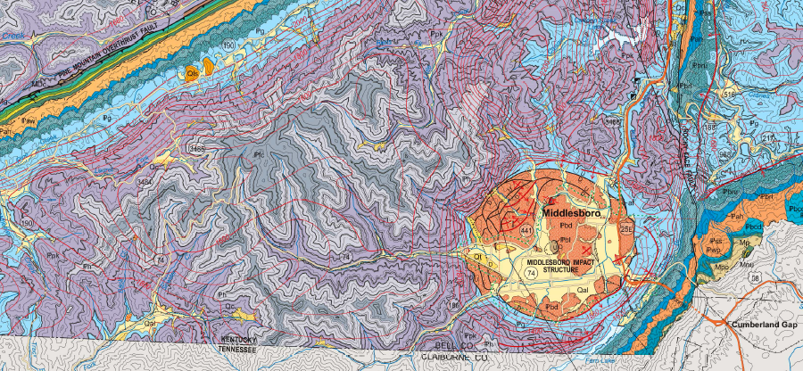 Cumberland Gap is located east of the Middlesboro impact structure and the edge of Pine Mountain Overthrust Fault
