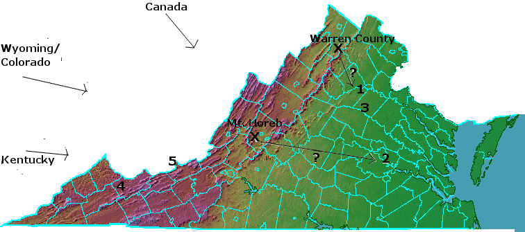 approximate locations of Virginia diamonds and potential source rocks