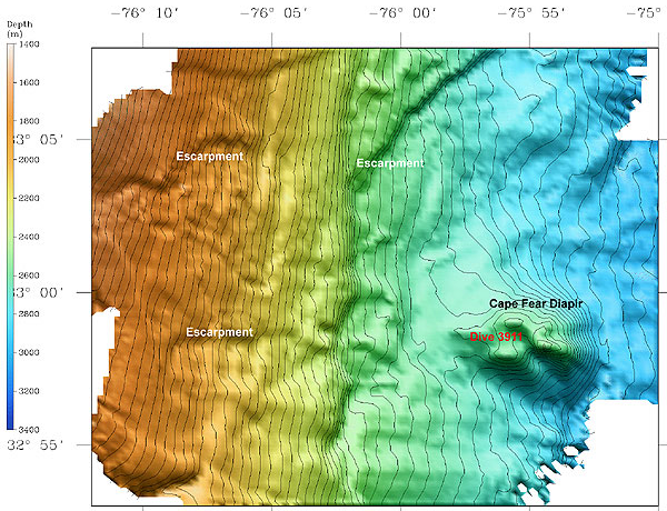 landslides from Cape Fear diapirs have flowed towards the East Coast, increasing the potential impact from a surge of water